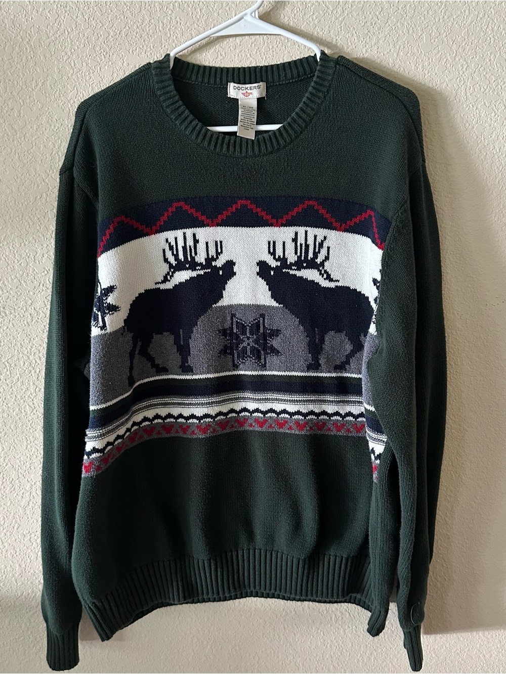 Dockers Green Moose Pattern Crewneck Sweater - Men size XL 100% Cotton